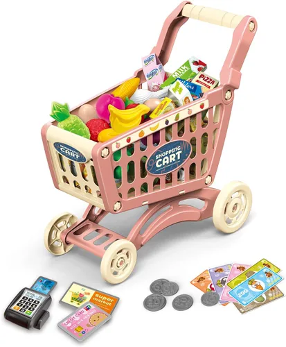 Miniatura 8 de RedCrab Carrito de compras para niños, juguete de supermercado, 54 piezas, incluye carrito de comestibles, tarjeta de crédito, frutas y verduras