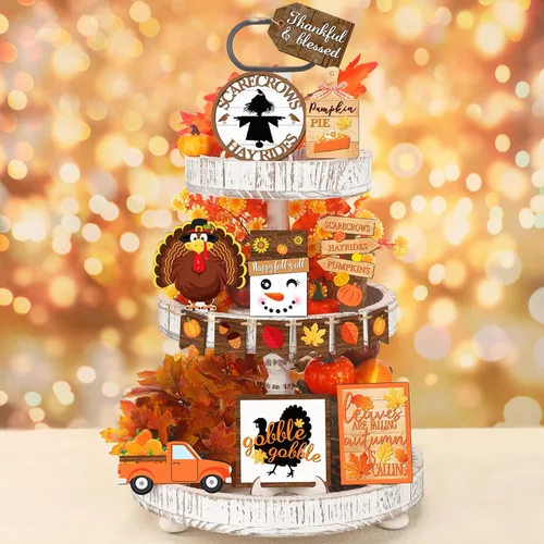 Miniatura 18 de FairySandy Juego de 14 piezas de decoración de bandejas escalonadas para Acción de Gracias, juego de decoración de bandejas escalonadas de calabaza