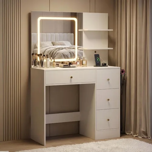 Miniatura 7 de Escritorio de tocador de maquillaje con espejo y luces, escritorio blanco de 37 pulgadas con toma de corriente y USB, 3 modos de espejo LED