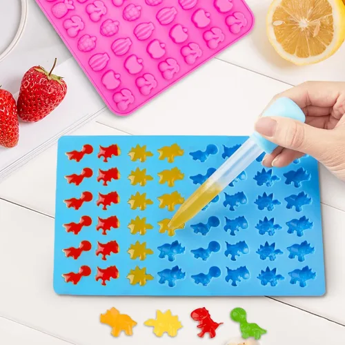 Miniatura 3 de Moldes de silicona para caramelos, mini gomitas de oso/dinosaurio/fruta con 2 cuentagotas, antiadherentes y sin BPA para hornear gomitas