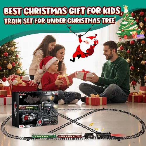 Miniatura 7 de Hot Bee Juego de Tren, Juguetes de Tren con Control Remoto y Pista de Lujo y Vagoneta Iluminada, Tren de Navidad de Metal para Árbol de Navidad