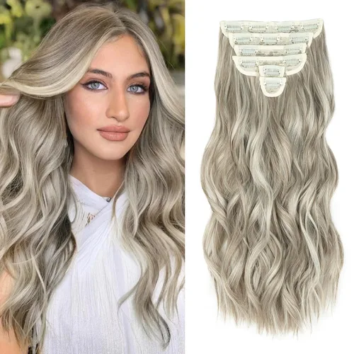 Miniatura 32 de Fliace Extensiones de cabello con clip para mujer, extensiones de cabello ondulado largo de color marrón medio, extensiones de cabello sintético