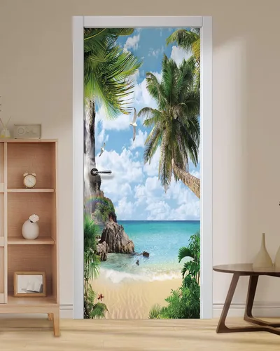 FLFK Adhesivo mural para puerta, playa, despegar y pegar, tamaño combinado 30.3 x 78.7 pulgadas, dividido en 2 piezas