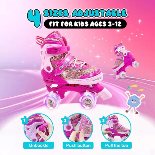 Miniatura 3 de Patines de ruedas para niños y niñas, 4 tamaños ajustables de 3 a 5 a 8, 6 a 12 años, patines cuádruples con ruedas iluminadas para principiantes