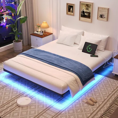 Miniatura 9 de Awesofurni Base de Cama Flotante de Tamaño Individual, Base de Cama Individual con Luces LED Inteligentes, Base de Cama Moderna de Metal Resistente