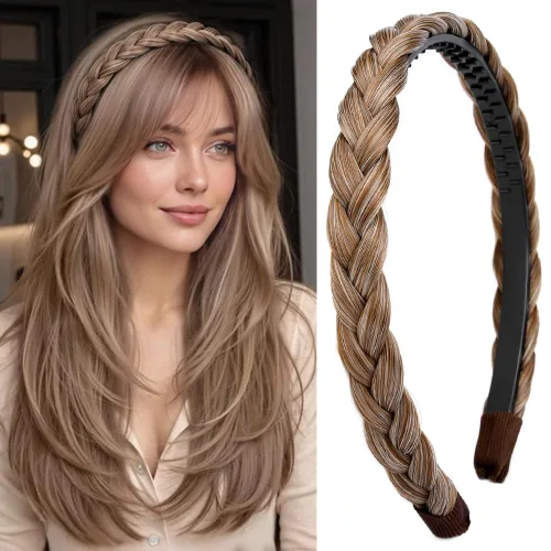 Miniatura 19 de Ancho de 1.5 cm Banda de pelo sintético trenzada estrecha con dientes para mujeres y niñas (Negro)