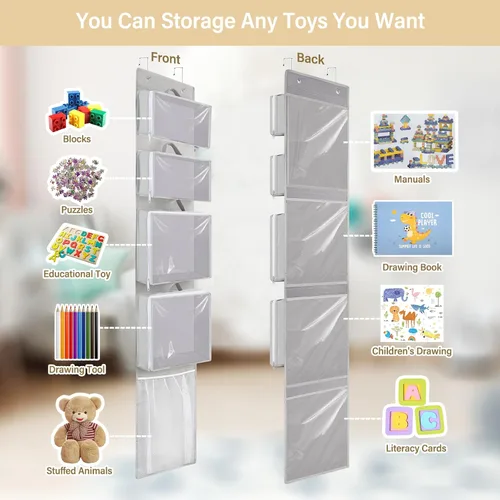 Miniatura 7 de Woodoulogy Organizador y almacenamiento para colocar sobre la puerta, soporte de juguetes colgante con 4 bolsas extraíbles transparentes, funda
