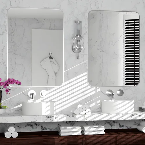 Miniatura 4 de Manocorro - Espejo de baño de esquina redonda, 20 x 28 pulgadas, color plateado Lightweight,wall mounted,HD tempered glass,sturdy aluminum