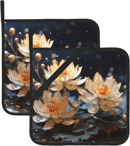 Soportes para ollas de loto blanco bohemio para cocina, resistentes al calor, antideslizantes, almohadillas calientes para cocinar y hornear (8 x 8