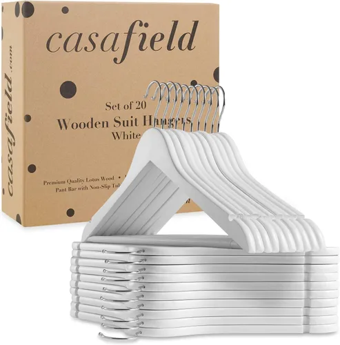 Miniatura 6 de Casafield - 20 perchas de madera blanca para trajes - Madera de loto premium con muescas y gancho giratorio cromado para ropa de vestir, abrigos