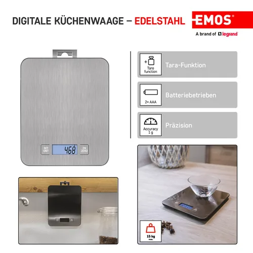 Miniatura 2 de EMOS Báscula de cocina de acero inoxidable para colgar en la pared/báscula digital con pantalla LCD iluminada/función de tara/báscula