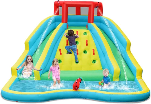 Miniatura 9 de KOTEK Tobogán acuático inflable, parque acuático gigante inflable con piscina grande para salpicaduras, 2 toboganes, pared de escalada y manguera