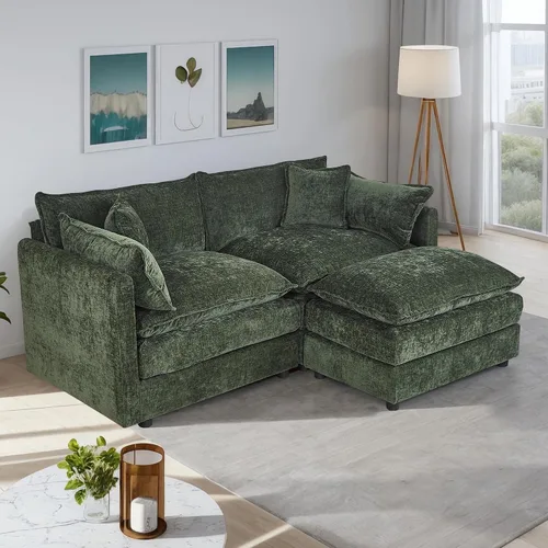 Miniatura 42 de Setawix Sofá Profundo de 3 Plazas con Otomana, Sofás de Nube en Forma de L de 112.2" para Sala de Estar, Sofá de Nube de Chenilla con Asiento Café