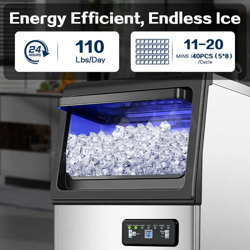 Miniatura 2 de Máquina comercial para hacer hielo 110LBS/24H, máquina de hielo bajo encimera o independiente con contenedor de almacenamiento de 22 libras