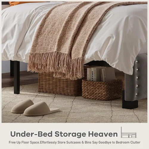 Miniatura 5 de EnHomee Marco de cama tamaño King, marco de cama de terciopelo con cabecero y luz LED, marco de cama de plataforma para dormitorio, apartamento, Gris