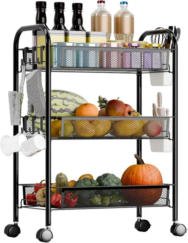 Miniatura 9 de Cesta de almacenamiento de frutas y verduras, carrito de almacenamiento de 5 niveles, organizador de verduras de malla metálica apilable con ruedas