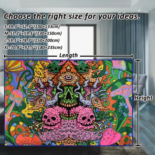 Miniatura 7 de Leofanger - Tapiz estético de calavera con luz negra, para colgar en la pared, reactivo a los rayos UV, colorido, hippie, para decoración del hogar