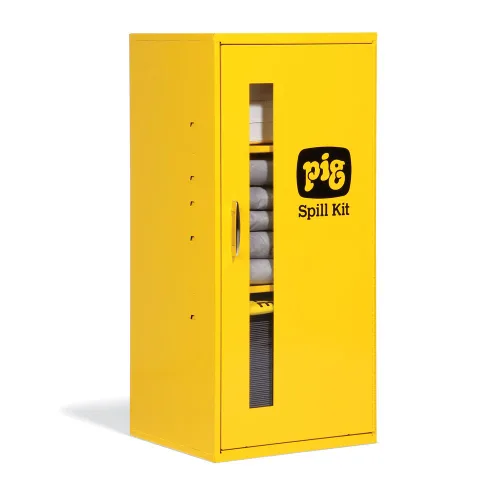 PIG Kit de derrames en gabinete pequeño de montaje en pared | Absorbe hasta 12 galones | Amarillo de seguridad | KIT215