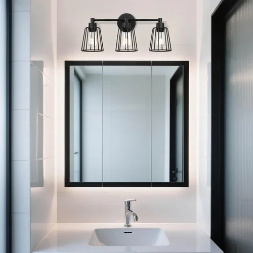 Miniatura 3 de XiNBEi Lighting XB-W1287-3-MB - Lámpara de baño de 3 luces, apliques industriales de jaula de metal para pared, acabado negro mate