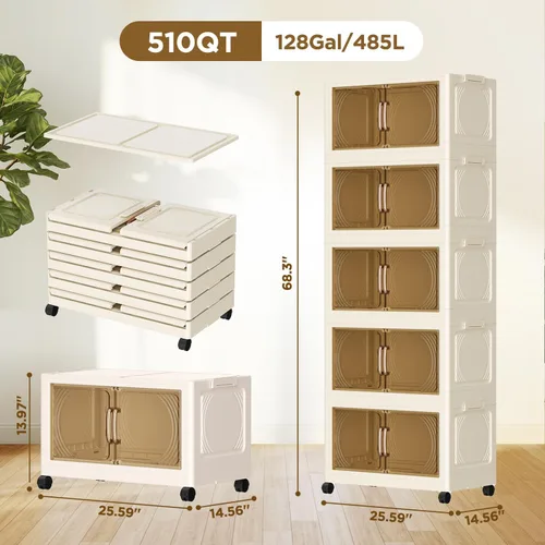 Miniatura 7 de Contenedores de almacenamiento de plástico de 5 niveles con tapas, caja de almacenamiento plegable con puertas y ruedas, contenedores