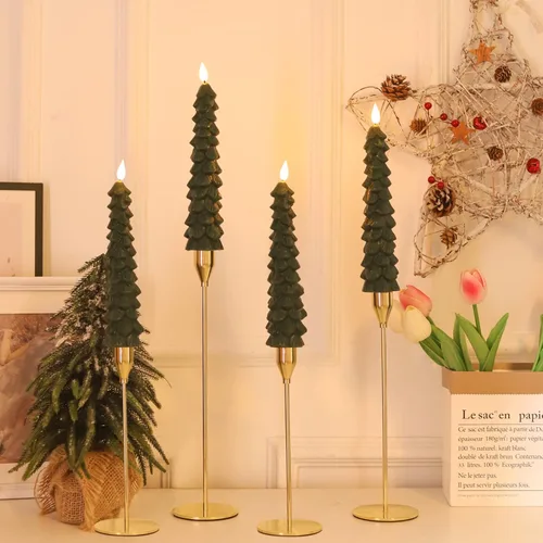 Miniatura 9 de Fo32won Candelabros sin llama en forma de árbol de Navidad a pilas con control remoto y temporizador, juego de 4 velas LED cónicas de cera real