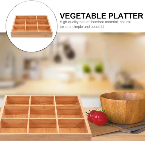 Miniatura 4 de Luxshiny Bandeja de verduras de nueve rejillas de 13 pulgadas, plato dividido de bambú con múltiples compartimentos, organizador de alimentos