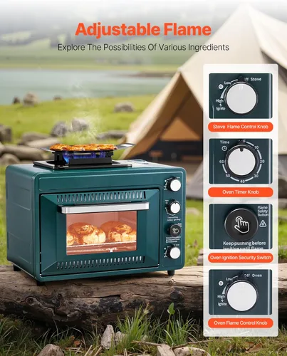 Miniatura 3 de VEVOR Horno de Acampada al Aire Libre, Combo de Estufa de Gas Portátil de 2 en 1, Fuego Ajustable, Temporizador de 60 Minutos, a Prueba de Viento