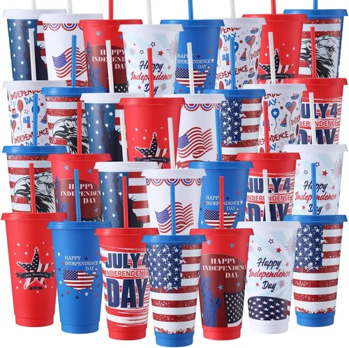 Honeydak 30 Pcs 24 oz Patriotic Party Cups Gifts Bulk 4th of July Cups 250th Independence Day American Flag Tumbler with Straw and Lid Red White
