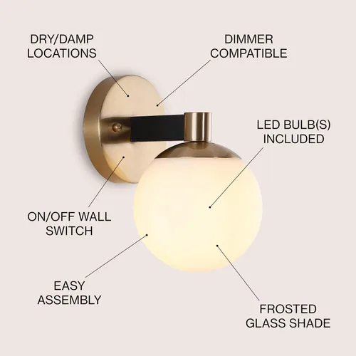 Miniatura 4 de JONATHAN Y Lámpara de pared LED de 5.75 pulgadas, color latón/negro, 1 luz de globo moderno, pantalla de vidrio esmerilado, lámpara de pared Art