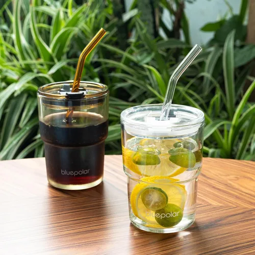 Miniatura 2 de BLUEPOLAR - Vaso de agua de vidrio de 13 oz/400 ml con popote y tapa, portátil, de pared gruesa, taza de café helado, vaso de vidrio para agua, té