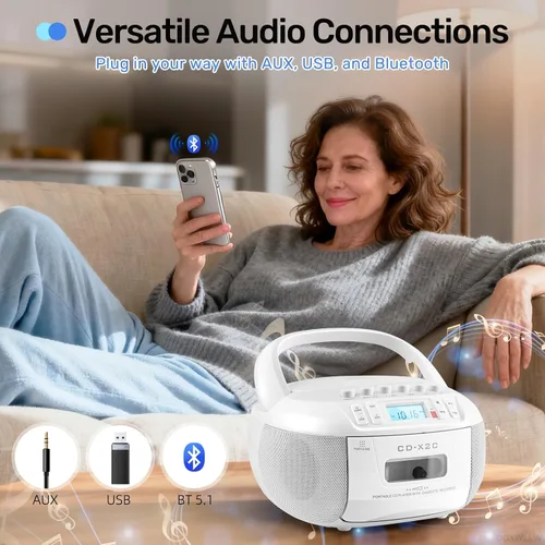 Miniatura 7 de Combo de reproductor de CD y cassette, reproductor de CD portátil Boombox con radio AM/FM Bluetooth/AUX/USB Drive Grabación de cinta para Blanco