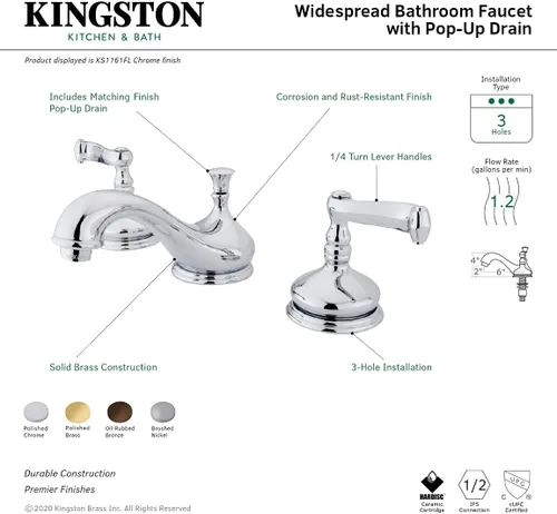 Miniatura 3 de Kingston Brass KS1162FL Royale - Grifo de lavabo generalizado, latón pulido, centro ajustable de 8 pulgadas
