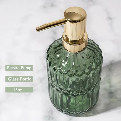Miniatura 2 de Dispensador de jabón de vidrio Botella verde Bomba de plástico dorado Fregadero de cocina recargable Encimera Dispensador de platos de mano