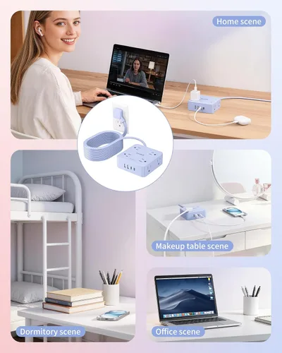 Miniatura 6 de SMALLRT - Cable de extensión con múltiples tomas, extensor de salida con protector de sobretensiones, enchufe plano de 6.5 pies con puertos USB, 8