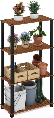 Furinno Pangkor Turn-N-Tube - Estante de madera para plantas de interior y exterior de 4 niveles con postes cuadrados, color natural/negro