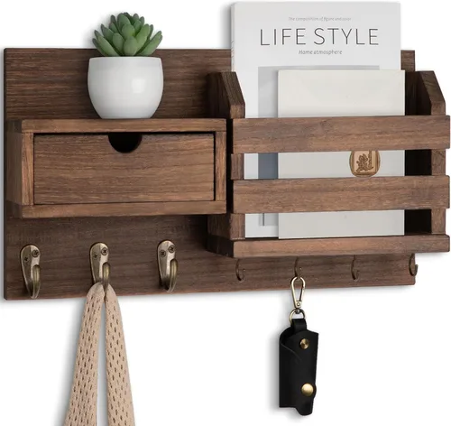 Miniatura 11 de Lwenki Organizador de llaves y correo de pared con cajón de almacenamiento, 100% madera de Paulownia, 7 ganchos de metal, decoración del hogar