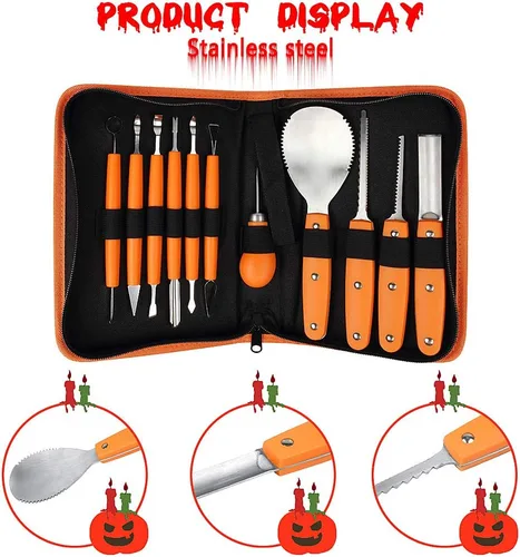 Miniatura 2 de Kit profesional de tallado de calabaza, 11 piezas de herramientas de tallado de acero inoxidable resistentes para Halloween con estuche de Naranja