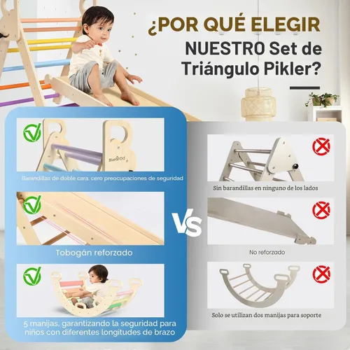 Miniatura 6 de BlueWood Pikler - Juego de triángulos con mango seguro, plegable 7 en 1 Montessori Juguetes de escalada para niños pequeños, juego de escalada