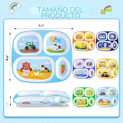 Miniatura 2 de Hushee 6 platos para niños de 9.4 x 8.2 pulgadas para la cena, lindos platos divididos para niños y niñas, platos divertidos de plástico para servir