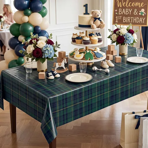 Miniatura 4 de Oudain 1 mantel de plástico a cuadros verde y azul de 108 x 54 pulgadas, colorido mantel de feliz cumpleaños, rectangular, desechable, impermeable
