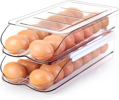 RoskDeewat Soporte para Huevos para Refrigerador, Contenedor de Huevos con Rodamiento Automático para Refrigerador, Organizadores Apilables para