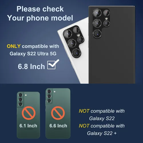 Miniatura 6 de Suoman Paquete de 2 protectores de lente para Samsung Galaxy S22 Ultra 5G, vidrio templado 9H, cubierta protectora de metal con diamante con Negro