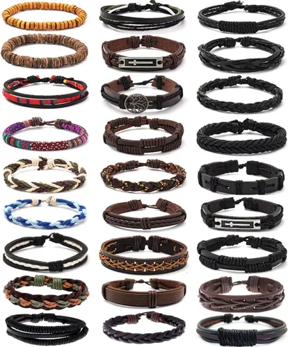 MOZAKA 27 pulseras de cuero trenzado para hombres y mujeres, pulseras étnicas tribales, pulseras de cuero, pulseras tejidas para la amistad,