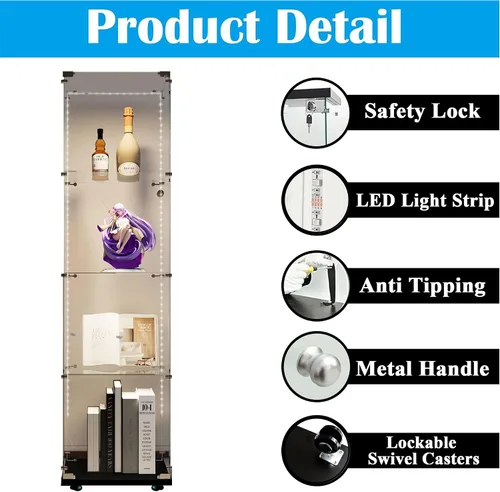 Miniatura 3 de Vitrina de cristal con 4 estantes con tira de luces LED y cerradura, vitrina de vitrina con ruedas y 1 puerta, vitrina de vidrio templado para sala