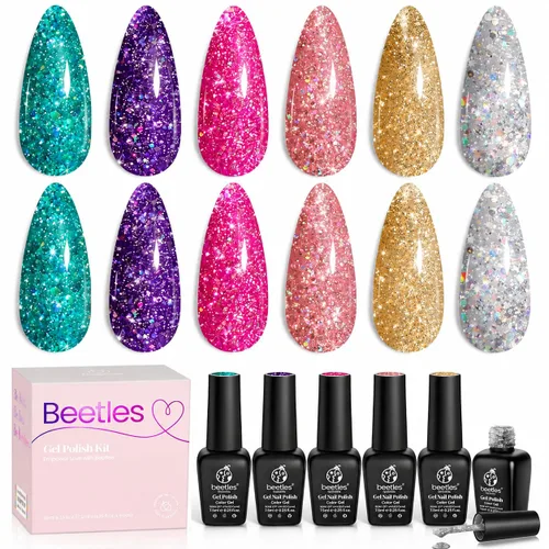 Miniatura 52 de Beetles - Juego de esmalte de uñas de gel de 6 colores, ojo de gato plateado, gel transparente rojo, rosa, amarillo, verde, negro, con efecto