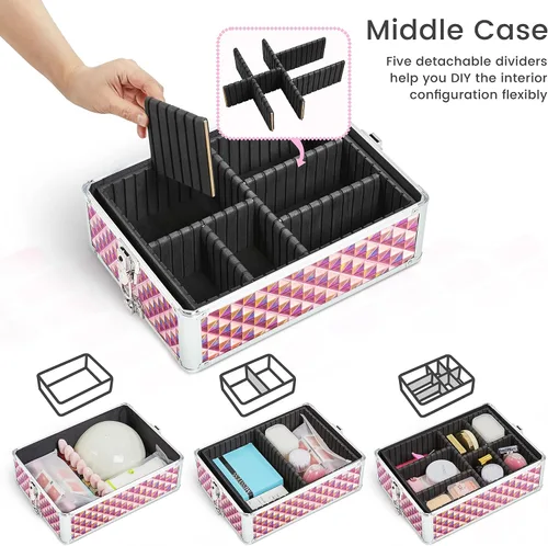 Miniatura 8 de Yaheetech Estuche de maquillaje profesional de entrenamiento 4 en 1/carrito de cosméticos rodante/estuche organizador de maquillaje/estuche de viaje