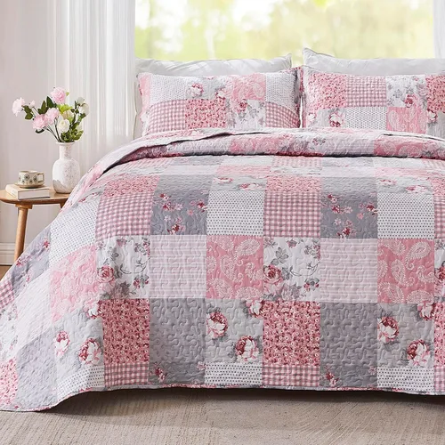 Juego de colcha rosa tamaño Full Queen de 3 piezas con diseño floral de cuadros en patchwork reversible, colcha acolchada, juego de cubrecama con