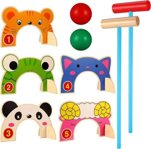 Toddmomy Juego de croquet de madera de animales para niños, juego completo familiar para interiores y exteriores con 5 cubos de animales y 2 mazos,