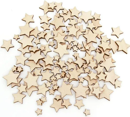 DERAYEE 100 piezas de adornos de estrellas de madera sin terminar, piezas de madera en blanco recortadas de varios tamaños para Navidad, bodas,