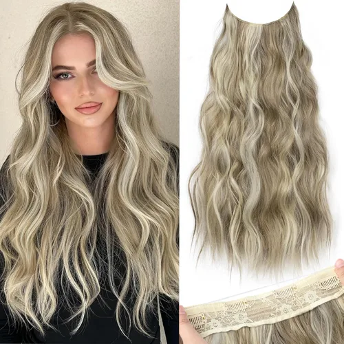 Miniatura 92 de KooKaStyle - Extensiones de cabello con hilo invisible, diadema transparente, ajustables, 4 clips fijadores, cabello largo y ondulado de 12